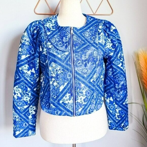 Revolve 7 For All Mankind Blue Toile Floral Quilted Jacket Womens SZ Medium New - Picture 1 of 12
